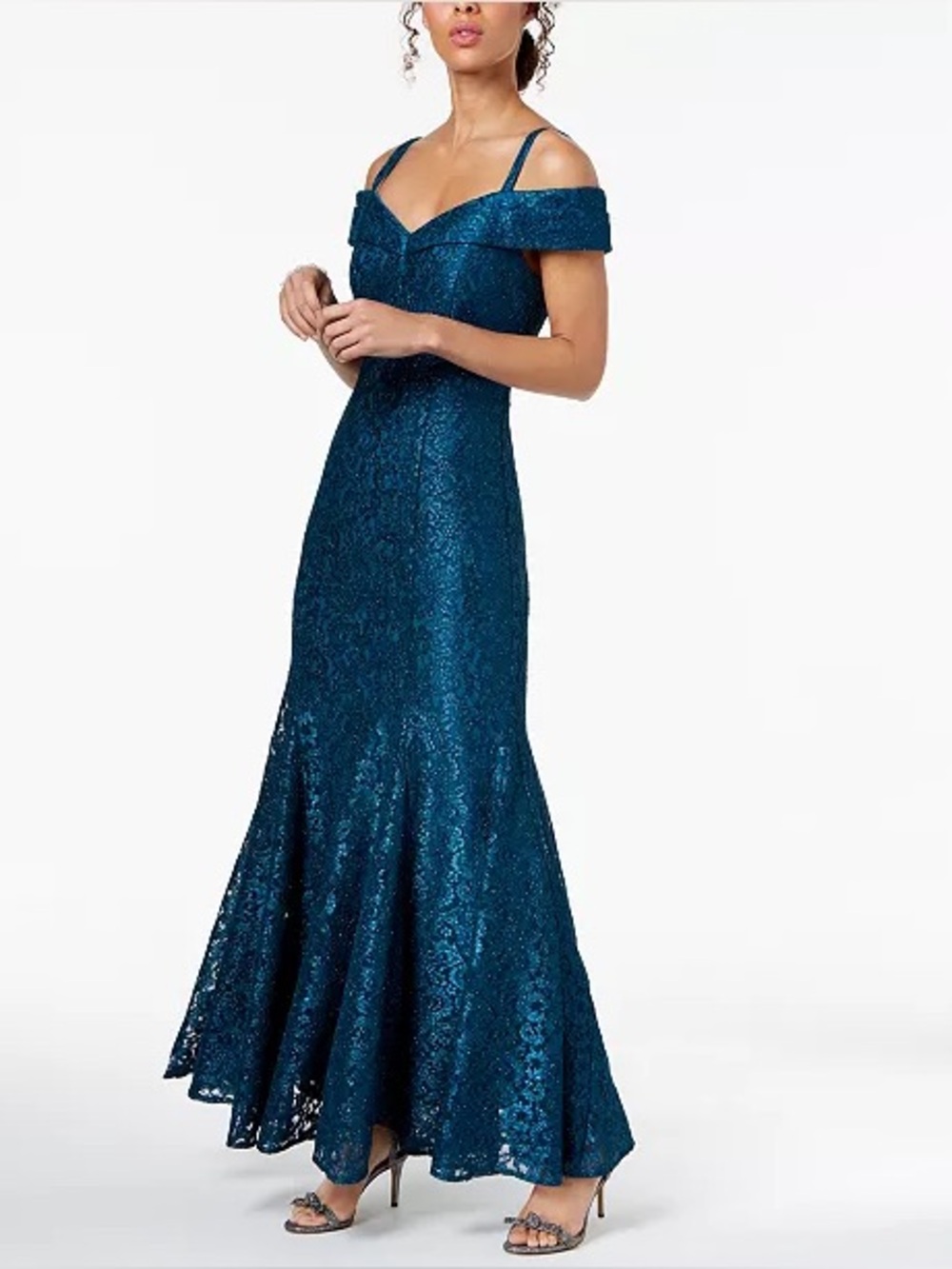 R & M Richards Off-The-Shoulder Lace Gown